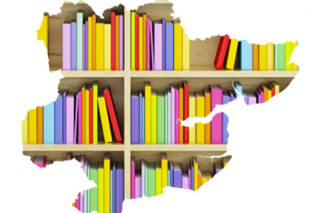 An image of books on a shelf in the shape of the county of Essex